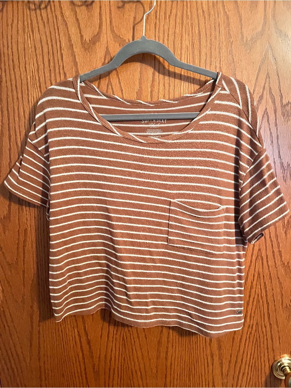 American Eagle Outfitters Orange & White Striped Pocket Tee